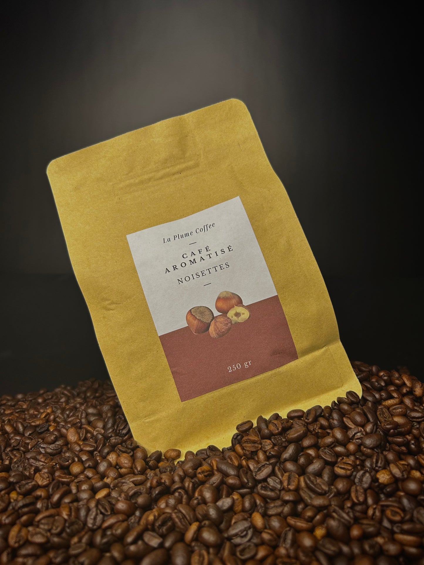 Hazelnut flavored coffee beans, pods or single doses