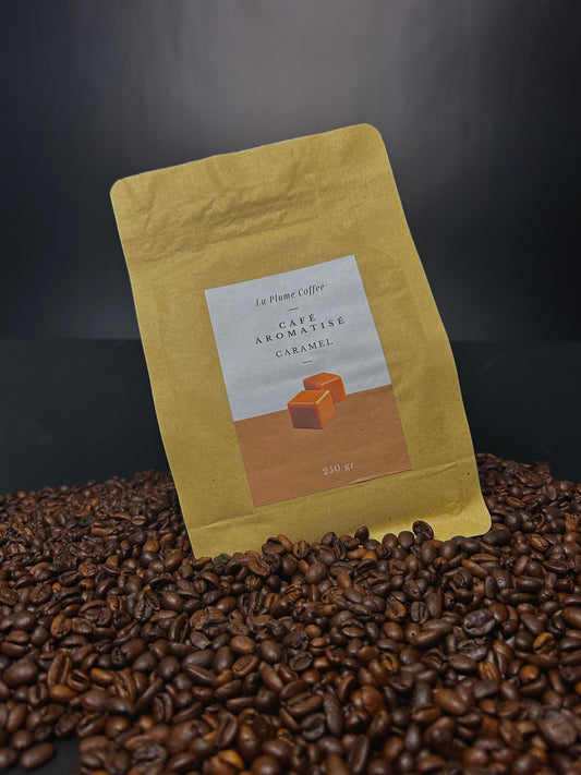 Caramel flavored coffee beans, pods or single doses