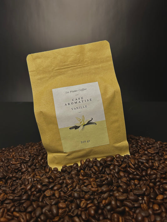 Vanilla flavored coffee beans, pods or single doses