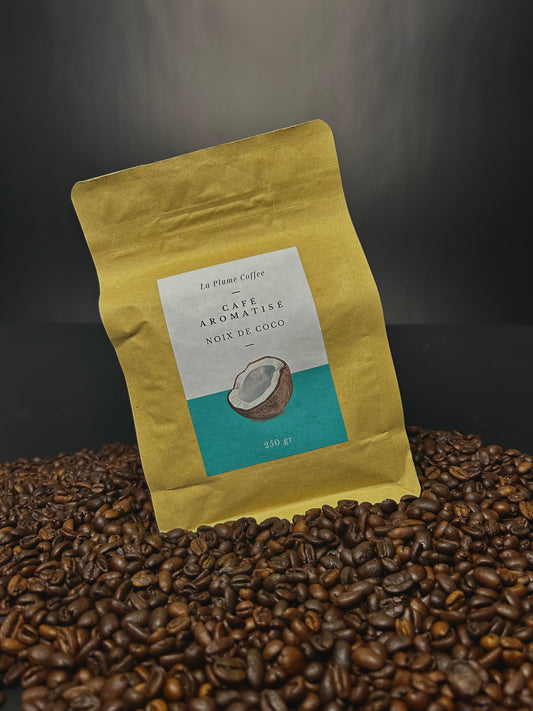 Coconut flavored coffee beans, single doses or pods